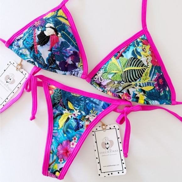 NWT Tropical Beaded Floral Embroidered Bikini Set Blue Pink Made in Colombia